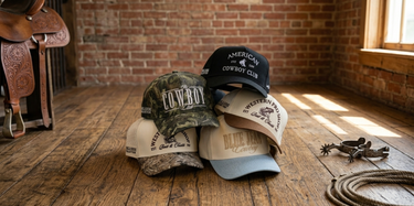 Collection of hats with 'Cowboy' and 'American Western Club' branding on a wooden floor with a brick wall background.
