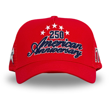 Red cap with '250 American Anniversary' text on a white background