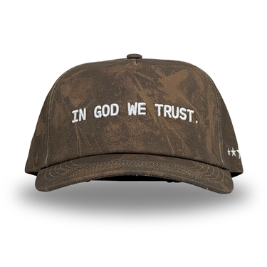 Brown cap with 'IN GOD WE TRUST' text on a white background