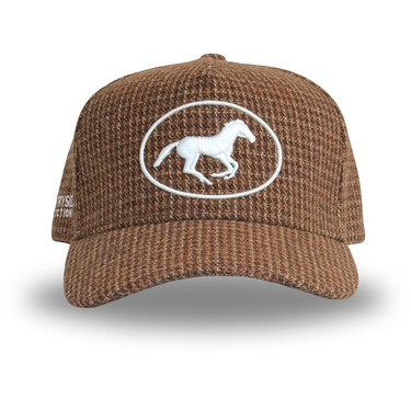 Brown textured cap with a white horse logo on a white background