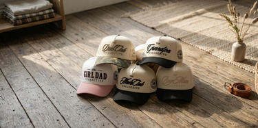 Family Trucker Hats in a pile. Trucker hats reading, Dad Club, Mom Club, Girl Dad, and Boy Mom.